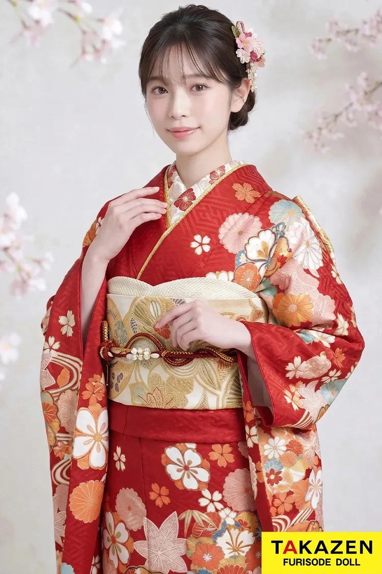 TAKAZENのレンタル振袖 格安正統派古典振袖　赤　桜柄　定番　かわいい　華やか　上品【通販可】M32