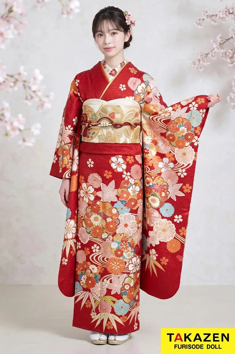 TAKAZENのレンタル振袖 格安正統派古典振袖　赤　桜柄　定番　かわいい　華やか　上品【通販可】M32