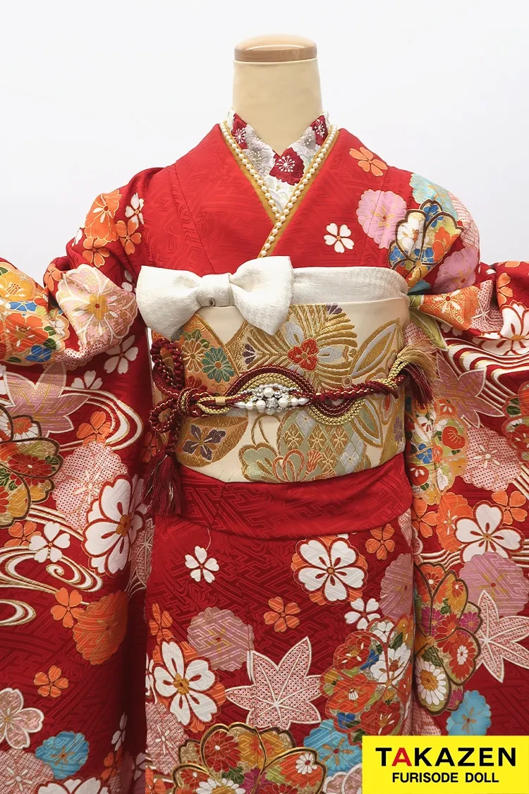 TAKAZENのレンタル振袖 格安正統派古典振袖　赤　桜柄　定番　かわいい　華やか　上品【通販可】M32