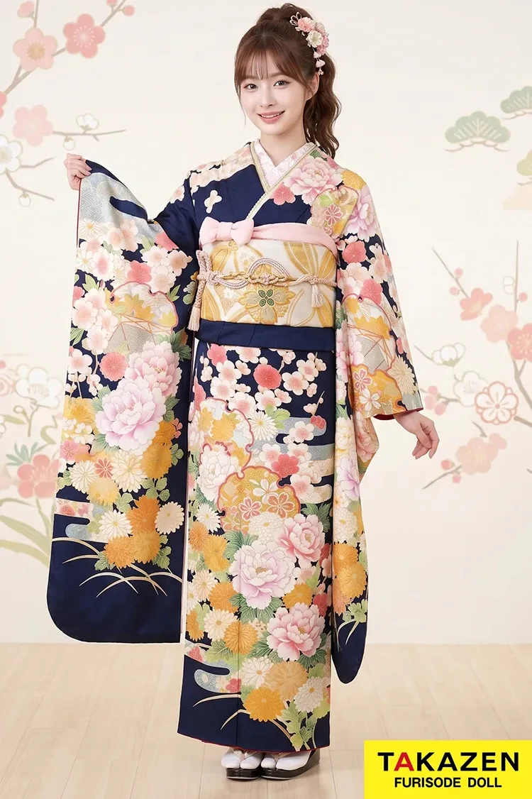 TAKAZENのレンタル振袖 格安正統派古典振袖　ネイビー/紺色　桜柄/牡丹柄　かわいらしい　はんなり　上品　王道【通販可】M33