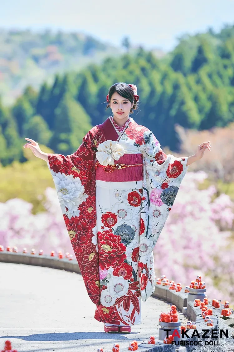 TAKAZENのレンタル振袖 正統派古典　華徒然×吉木千沙都ブランド　白/赤/紅白　牡丹柄/梅柄　片身替わり　華やか　目立つ　天翔天音 【通販可】　LB53