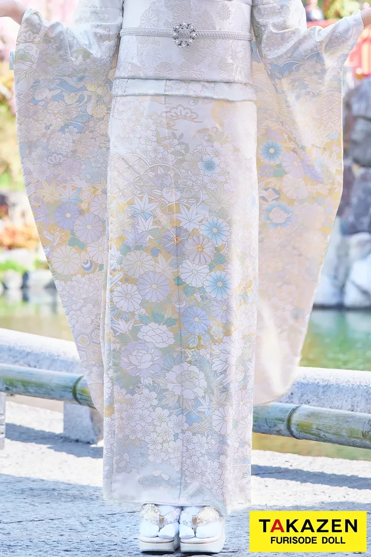 TAKAZENのレンタル振袖 プレミアム古典　青柳/最高級手描友禅　白/水色　菊柄　上品な振袖　綺麗　柄小さめ　かわいらしい振袖　天翔天音【通販可】　LB57