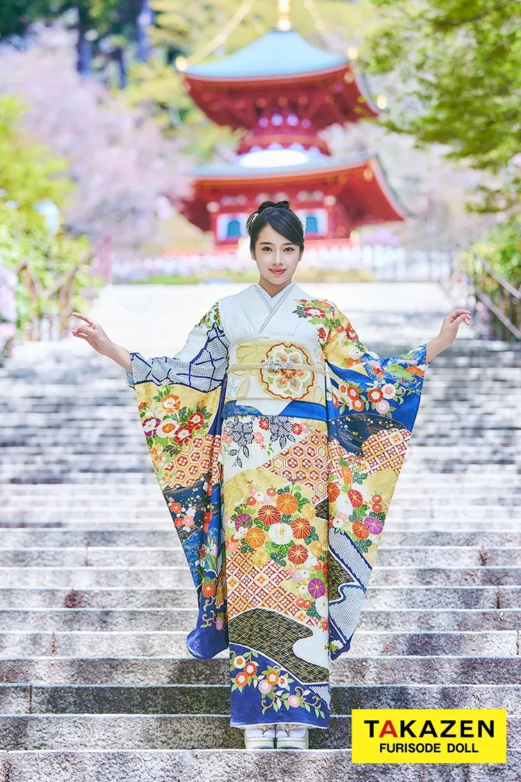 TAKAZENのレンタル振袖 最新作プレミアム古典　白青　菊柄　吉澤織物『逸品』最高級染繍桶絞り友禅　綺麗　大人っぽい　華やか　上品な振袖　天翔天音　【通販可】　LB58