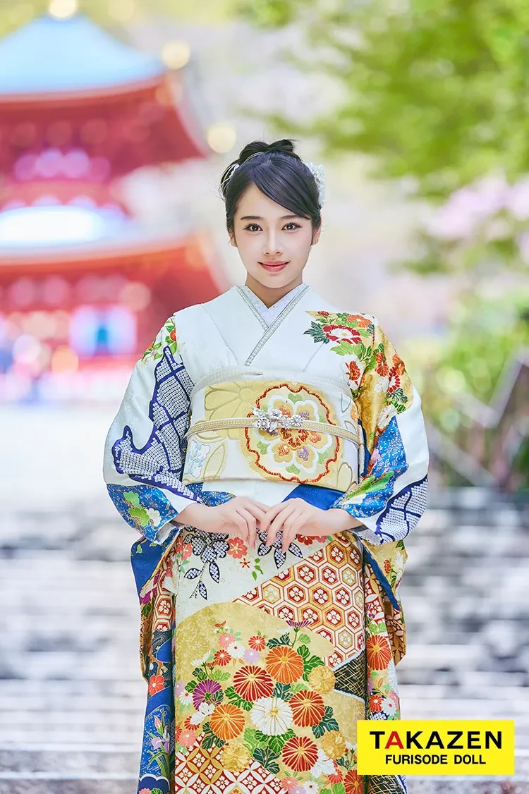 TAKAZENのレンタル振袖 最新作プレミアム古典　白青　菊柄　吉澤織物『逸品』最高級染繍桶絞り友禅　綺麗　大人っぽい　華やか　上品な振袖　天翔天音　【通販可】　LB58