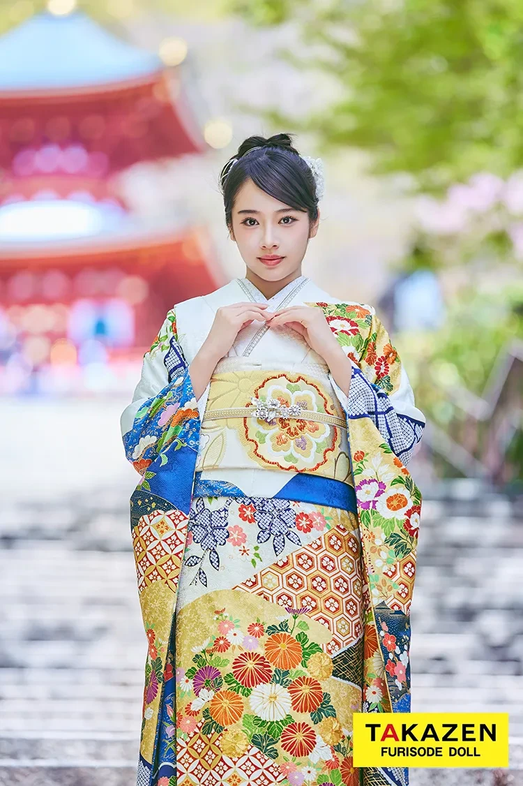 TAKAZENのレンタル振袖 最新作プレミアム古典　白青　菊柄　吉澤織物『逸品』最高級染繍桶絞り友禅　綺麗　大人っぽい　華やか　上品な振袖　天翔天音　【通販可】　LB58