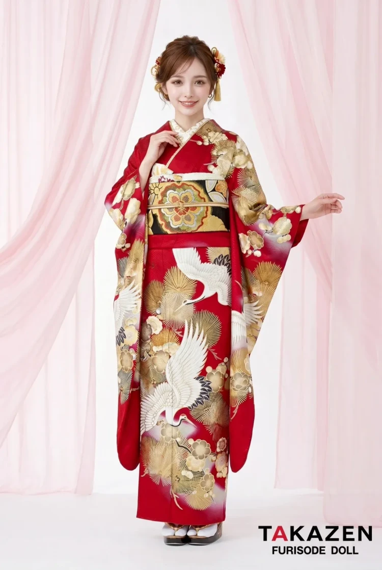 高身長さんにおすすめの赤地に鶴と金彩が映える古典柄振袖コーディネート。華やかで存在感のある成人式向け振袖スタイル。