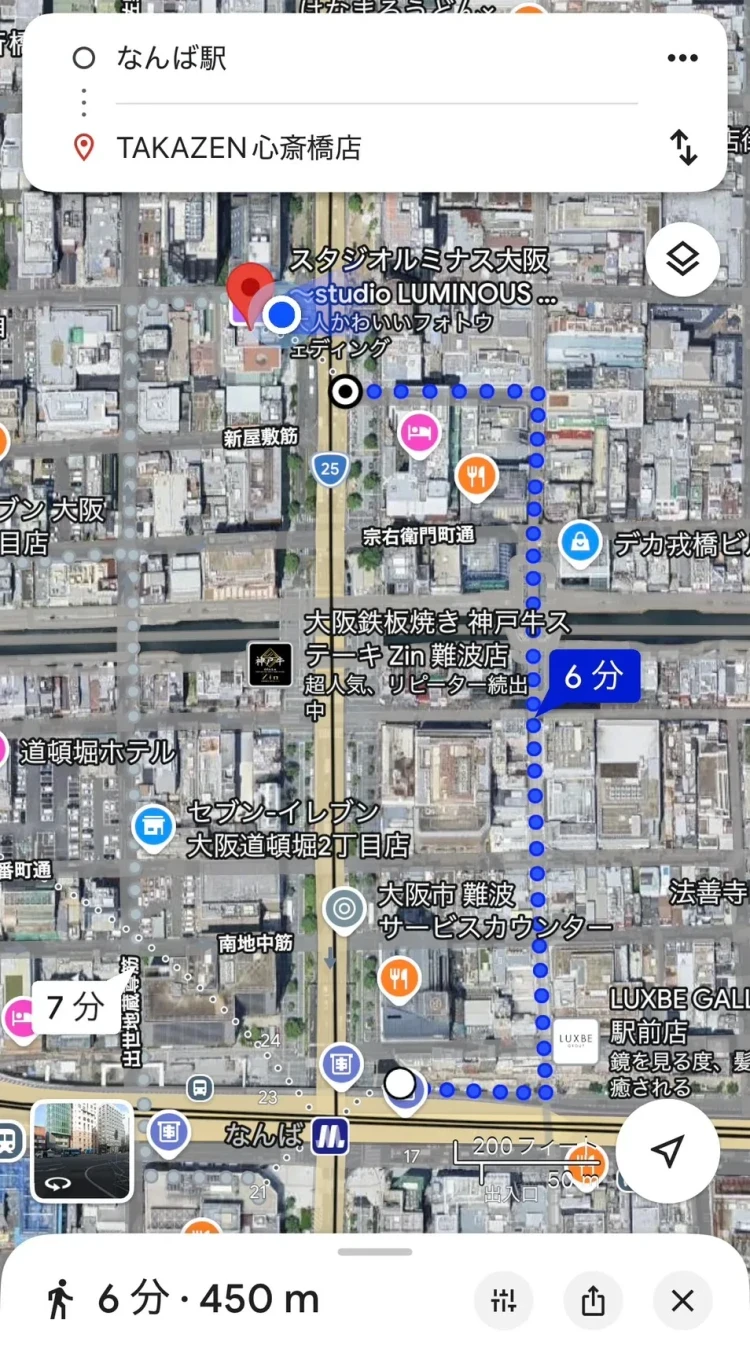 なんば駅からTAKAZEN心斎橋店まで徒歩6分のアクセスマップ