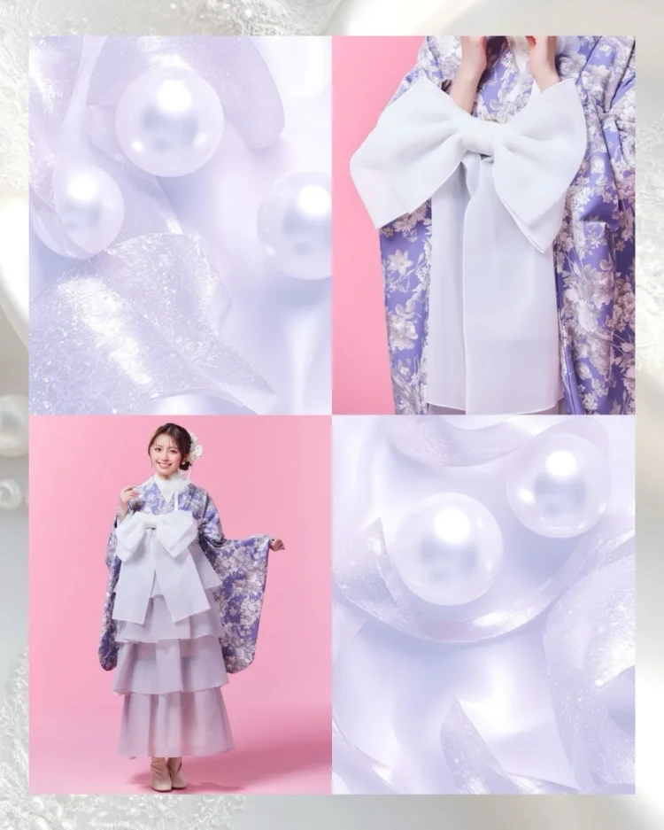 TAKAZEN東京表参道店Flagshipで白や紫の花柄のヘップバーン袴小物をご紹介いたします。
