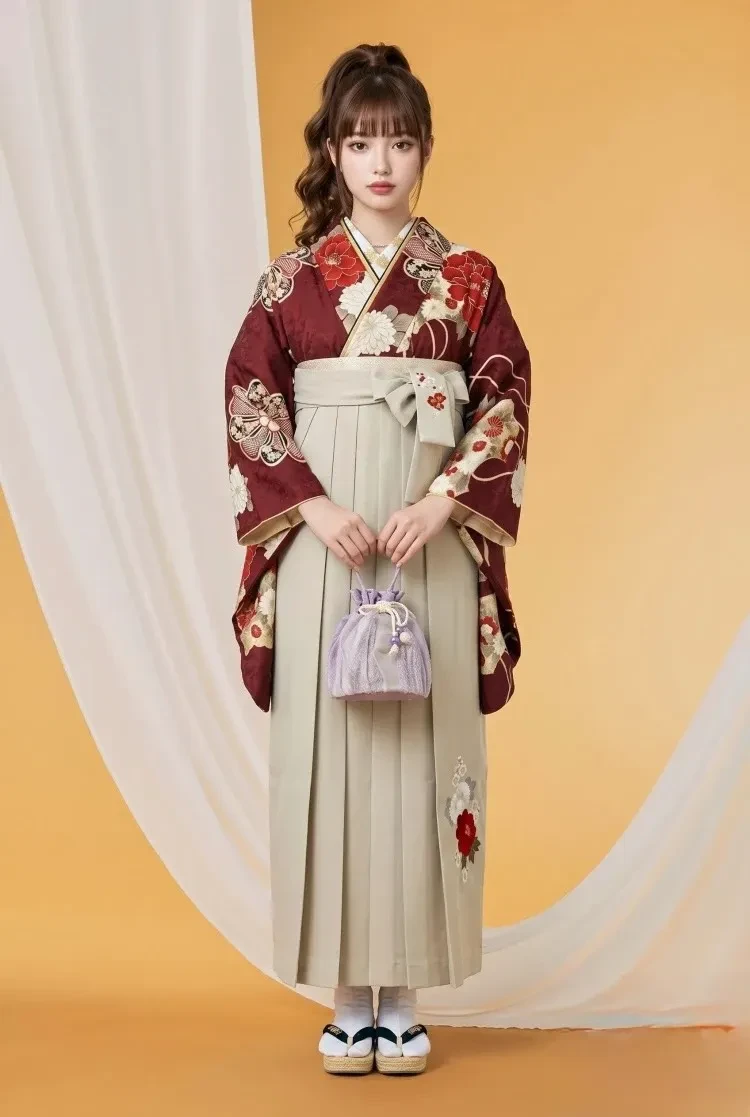 古典柄の赤色袴の全身写真