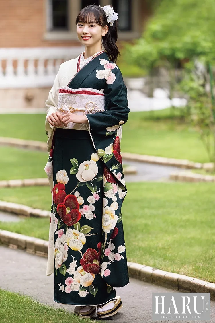 正統派古典 椿柄 緑 王道 華やか 大人かわいい振袖 レトロモダン【通販