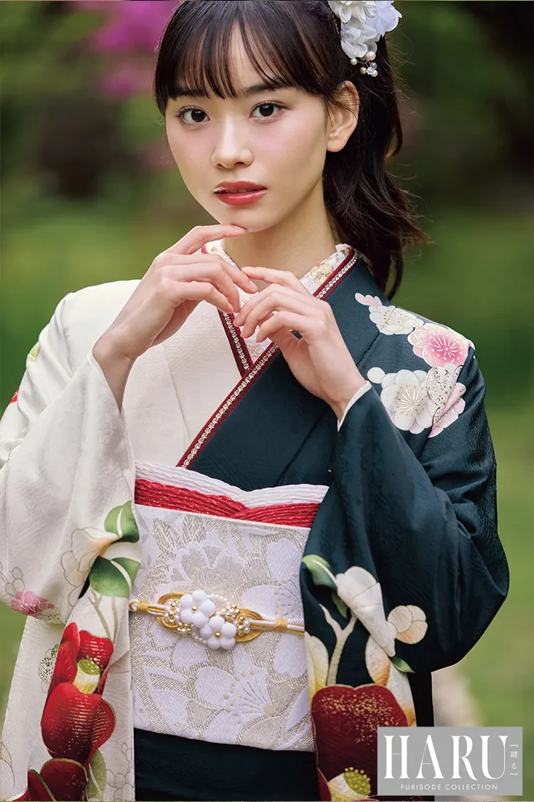 正統派古典 椿柄 緑 王道 華やか 大人かわいい振袖 レトロモダン【通販