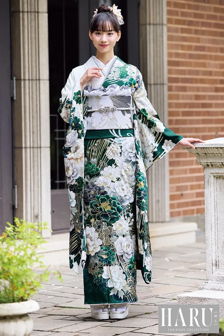 TAKAZENのレンタル振袖 正統派古典　牡丹柄　緑/グリーン　豪華　華やか　清楚　王道古典振袖【通販可】K1336