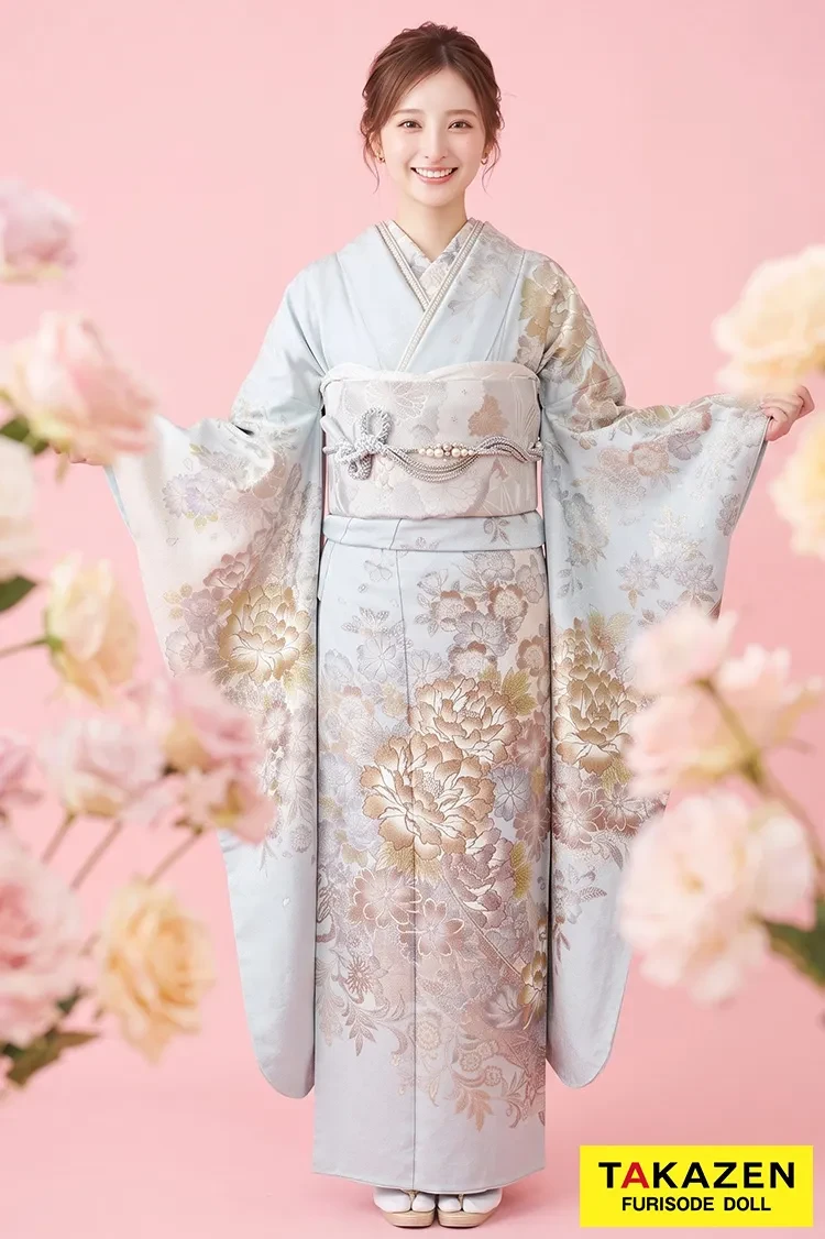 TAKAZENのレンタル振袖 正統派古典 水色/くすみブルー 綺麗な振袖 上品 大人かわいい【通販可】YK252