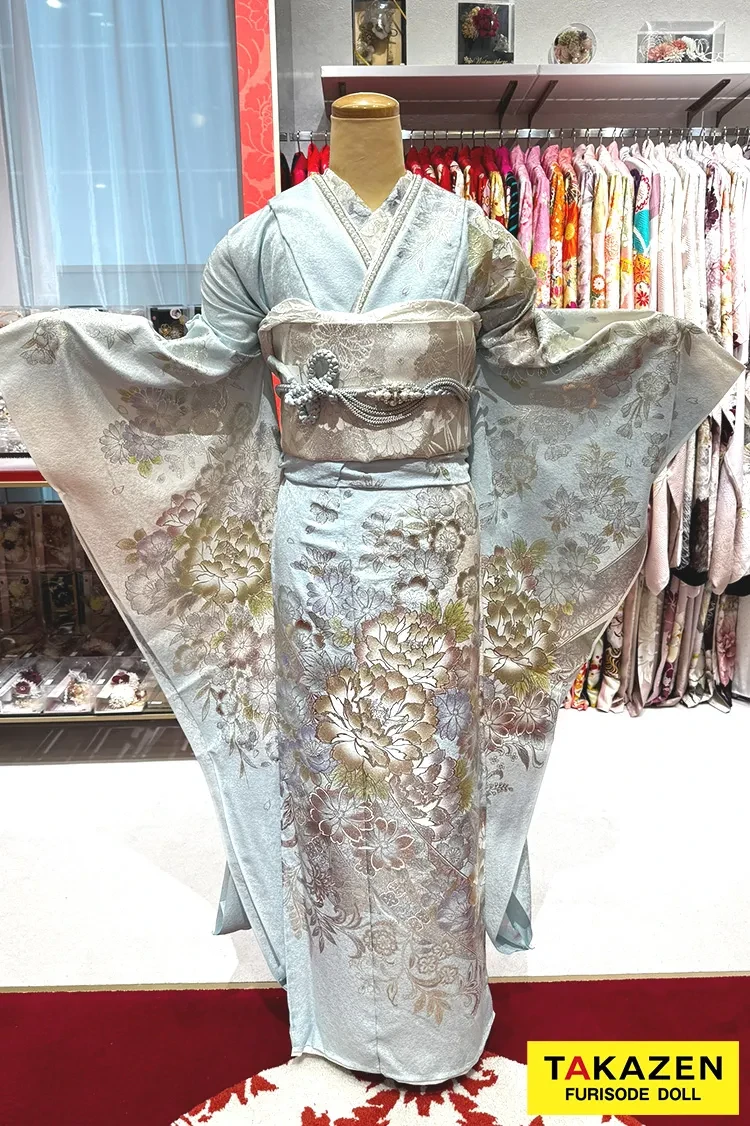TAKAZENのレンタル振袖 正統派古典 水色/くすみブルー 綺麗な振袖 上品 大人かわいい【通販可】YK252