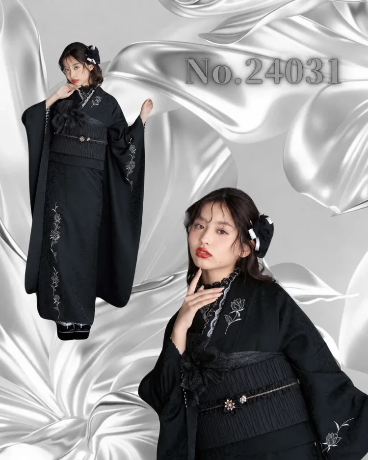 TAKAZEN東京表参道店Flagshipでモードスタイル好きさんに向けたヴィンテージ振袖のご紹介。黒の振袖