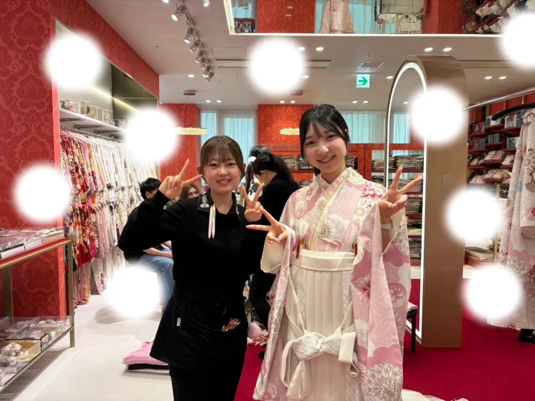 大阪梅田卒業式袴レンタル　ピンク色袴　レース袴