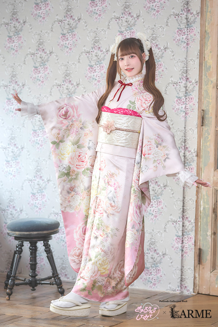 TAKAZENのレンタル振袖 きゅるりんってしてみて×LARME　ピンク　ローズ　地雷系振袖　ラブリー　ロリータ振袖　キュート【通販可】K1346