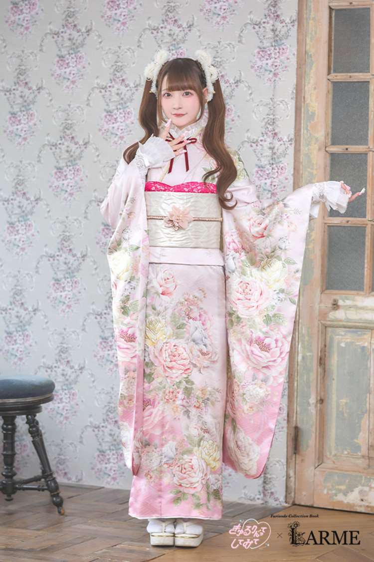 TAKAZENのレンタル振袖 きゅるりんってしてみて×LARME　ピンク　ローズ　地雷系振袖　ラブリー　ロリータ振袖　キュート【通販可】K1346