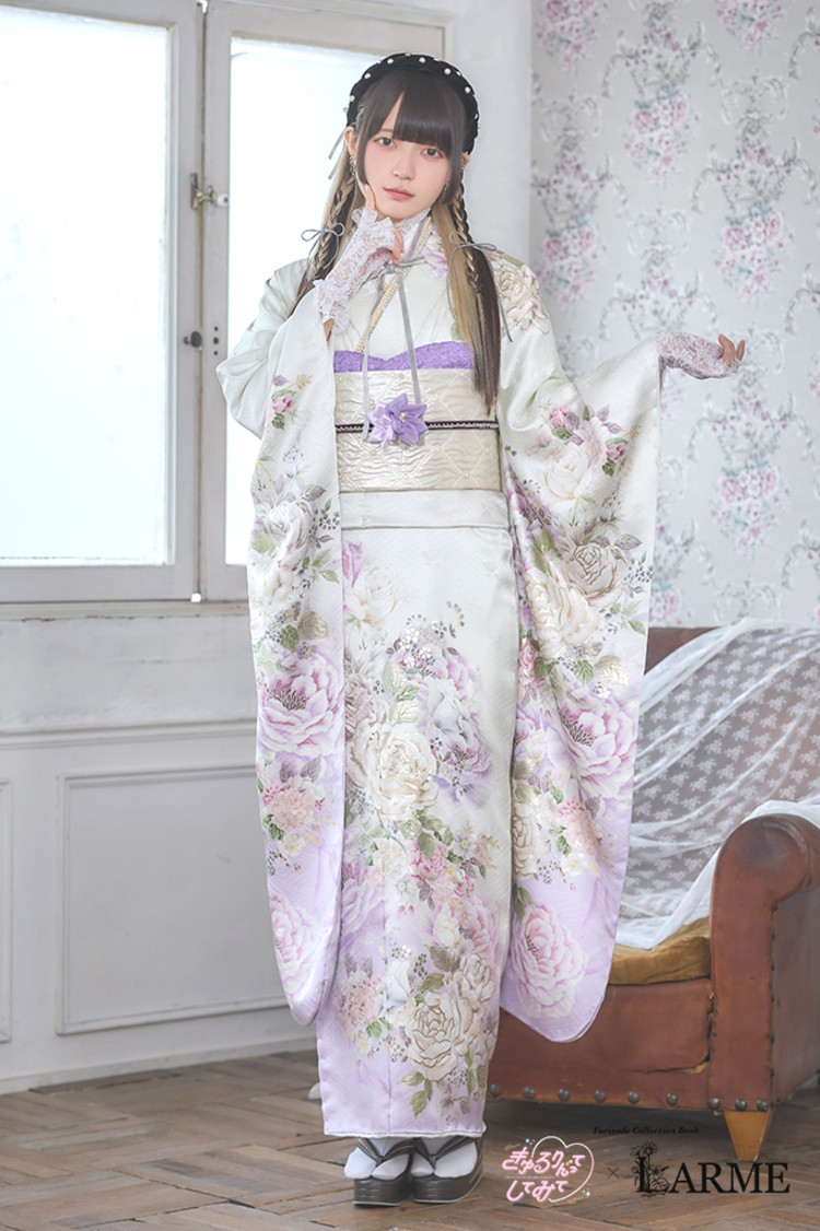 TAKAZENのレンタル振袖 きゅるりんってしてみて×LARME　白紫/ラベンダー　ローズ　病みかわ振袖　ロリータ振袖　ガーリー【通販可】K1347