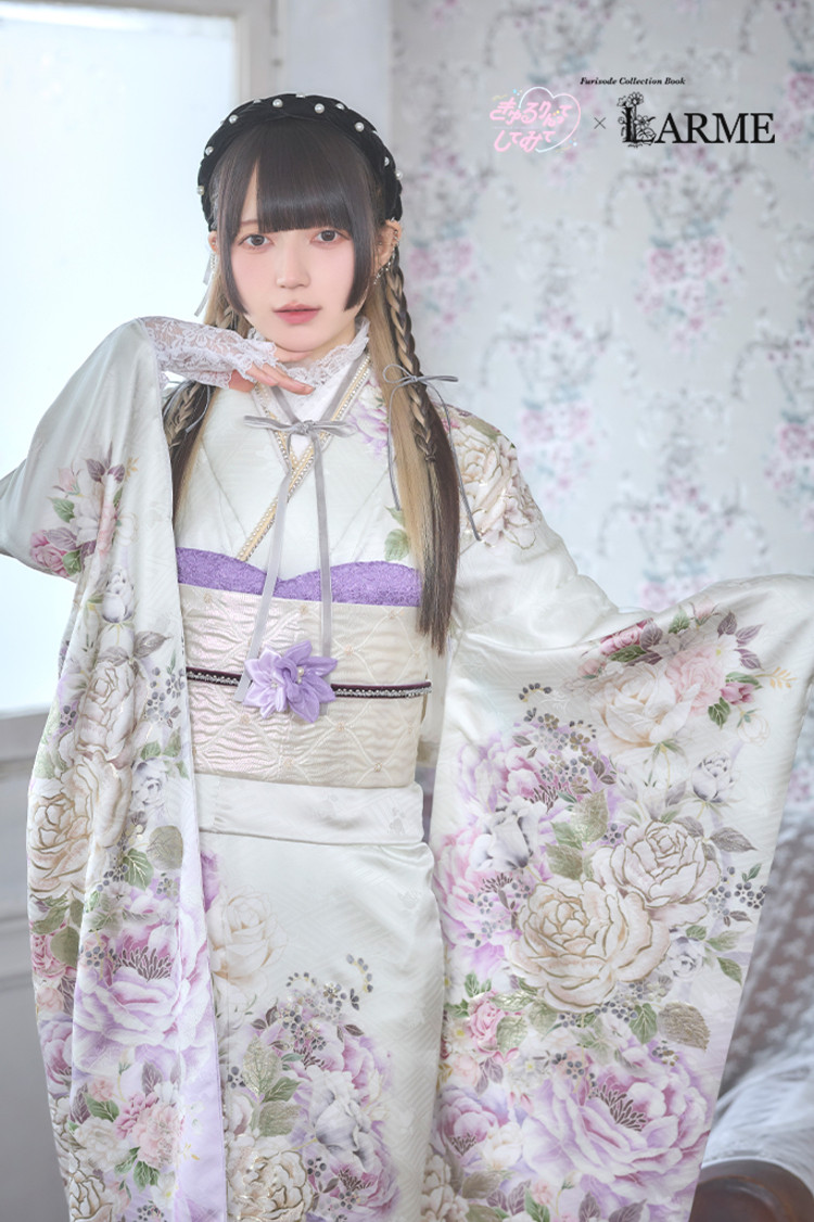 TAKAZENのレンタル振袖 きゅるりんってしてみて×LARME　白紫/ラベンダー　ローズ　病みかわ振袖　ロリータ振袖　ガーリー【通販可】K1347