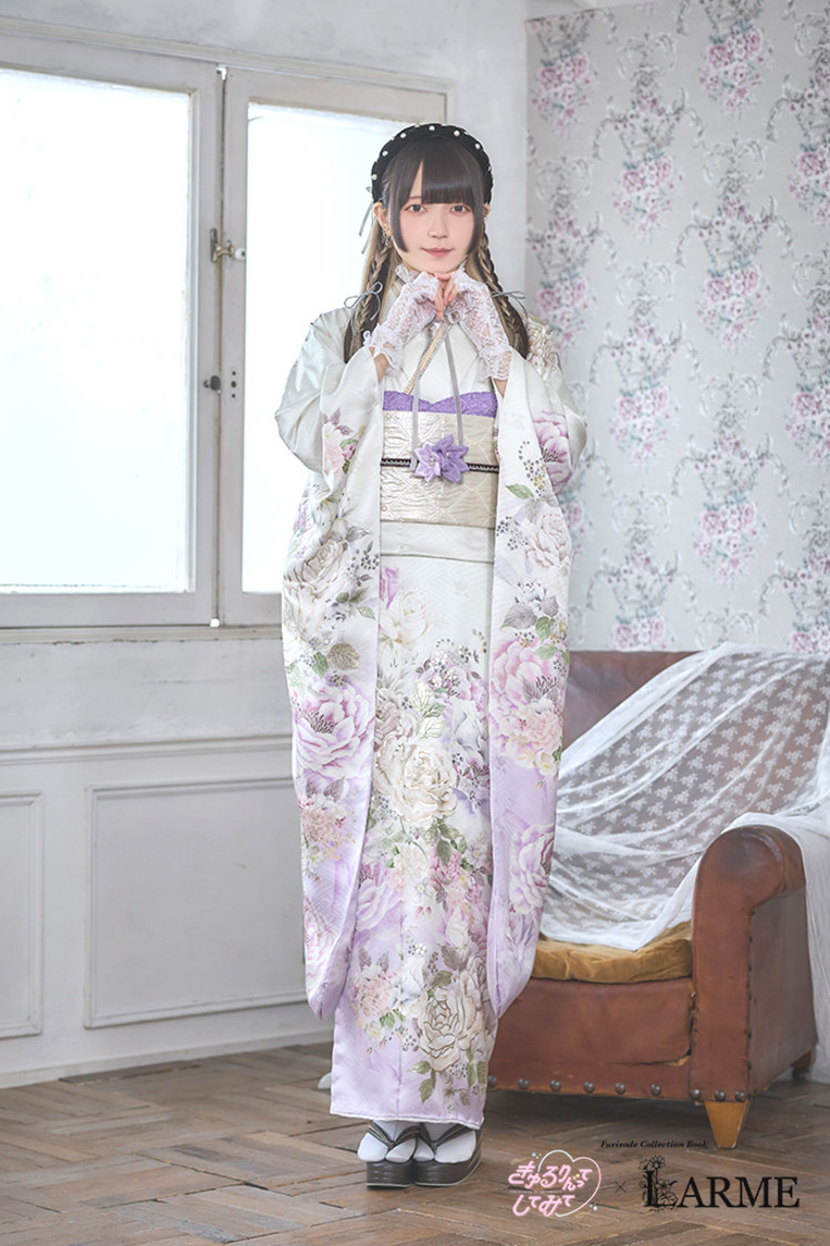 TAKAZENのレンタル振袖 きゅるりんってしてみて×LARME　白紫/ラベンダー　ローズ　病みかわ振袖　ロリータ振袖　ガーリー【通販可】K1347