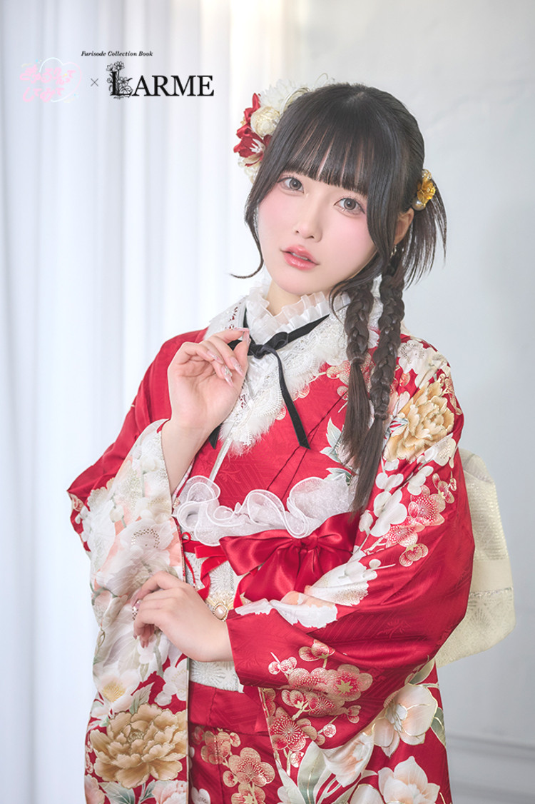 TAKAZENのレンタル振袖 きゅるりんってしてみて×LARME　赤　花柄　ガーリー　量産型　姫系　かわいい【通販可】K1348