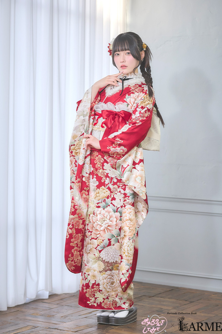 TAKAZENのレンタル振袖 きゅるりんってしてみて×LARME　赤　花柄　ガーリー　量産型　姫系　かわいい【通販可】K1348