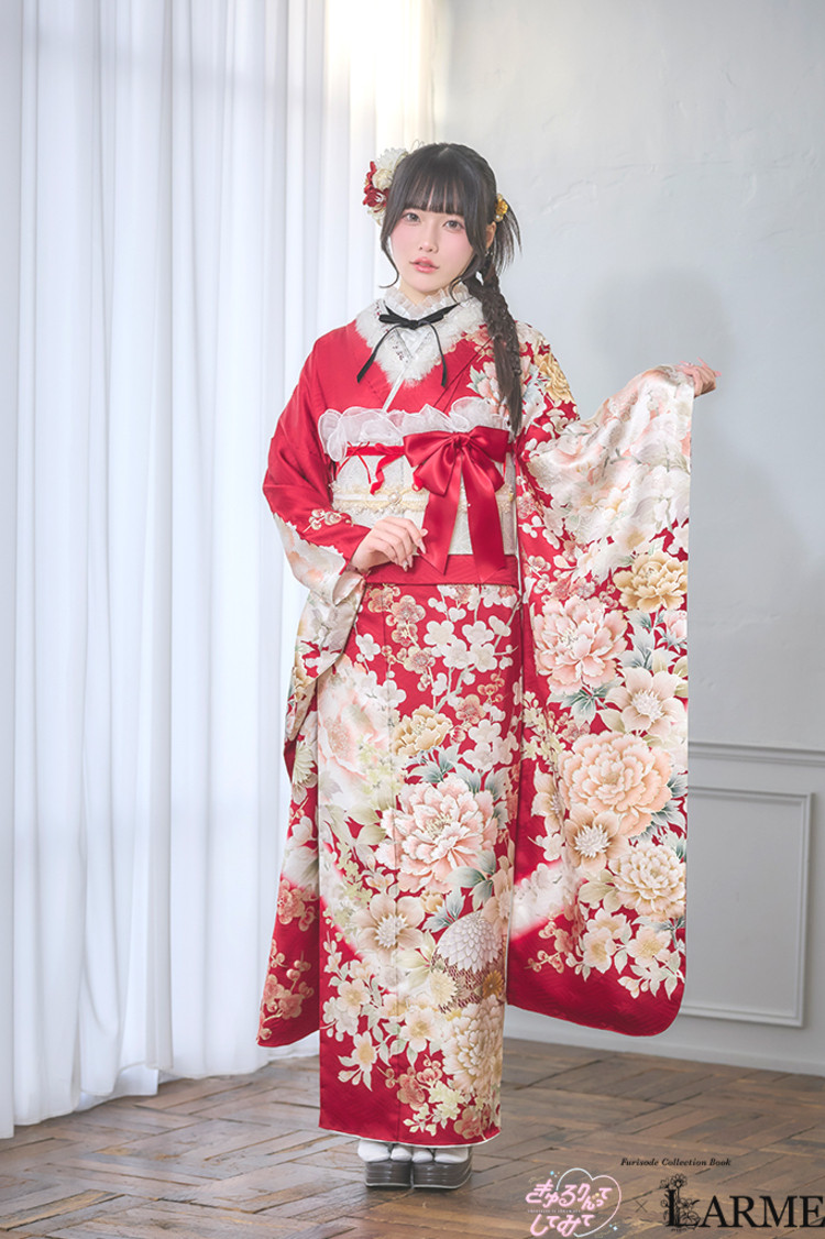 TAKAZENのレンタル振袖 きゅるりんってしてみて×LARME　赤　花柄　ガーリー　量産型　姫系　かわいい【通販可】K1348