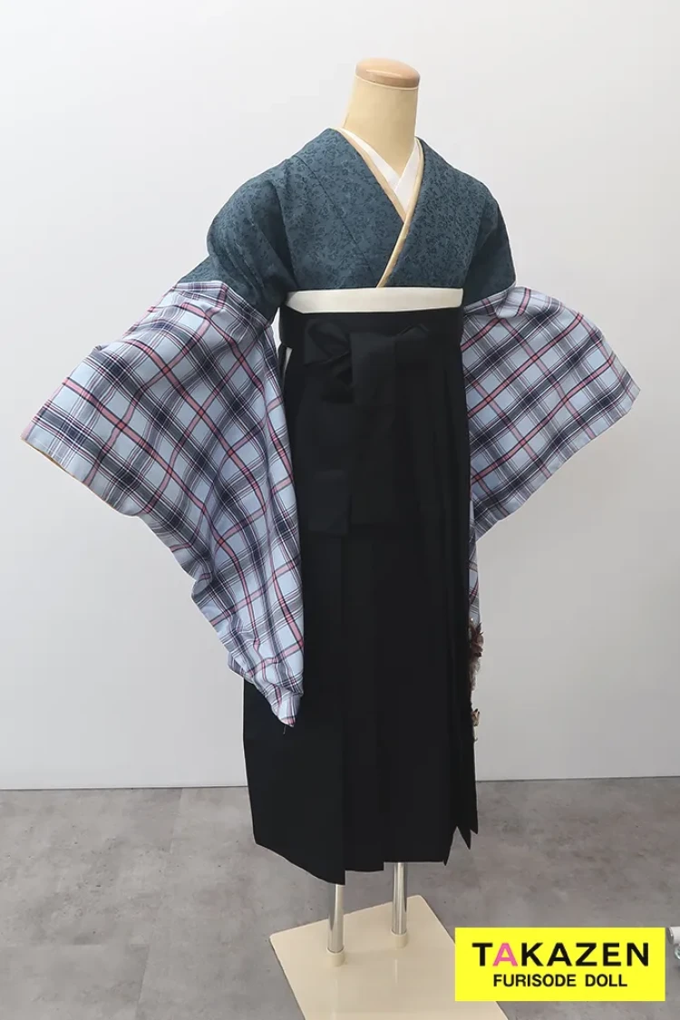 TAKAZENのレンタル袴 格安レトロ袴 ネイビー チェック柄 シンプル 人と被らない 個性的【通販可】Y49