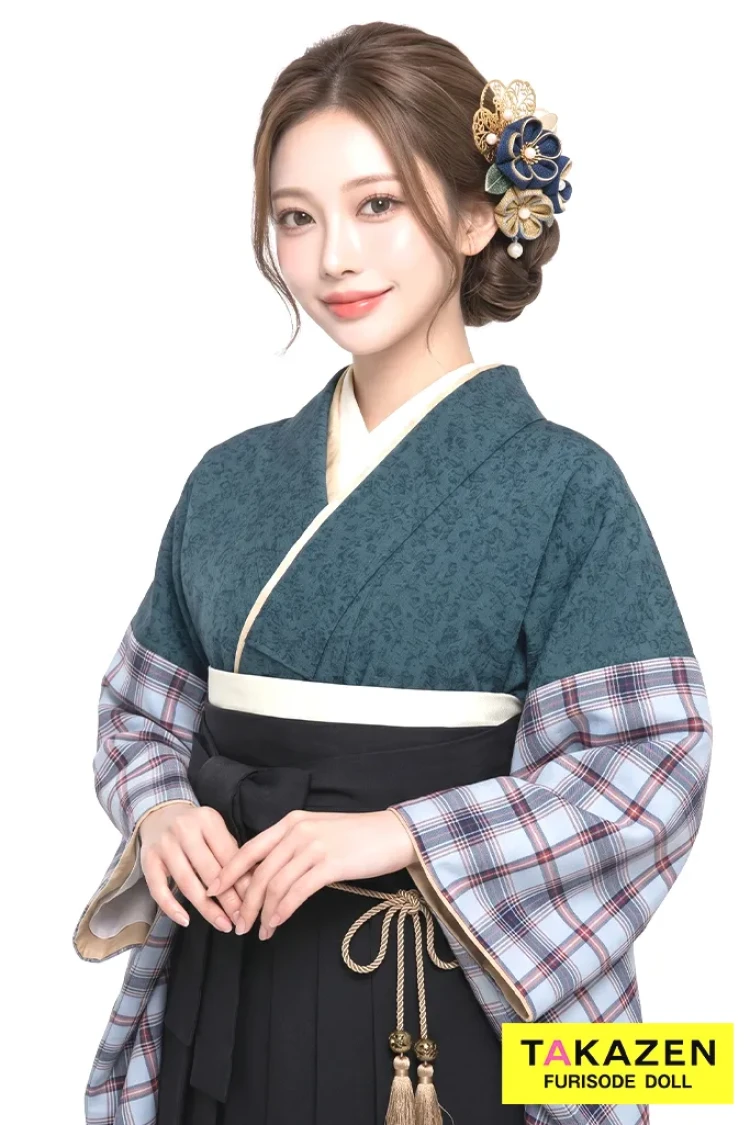 TAKAZENのレンタル袴 格安レトロ袴 ネイビー チェック柄 シンプル 人と被らない 個性的【通販可】Y49