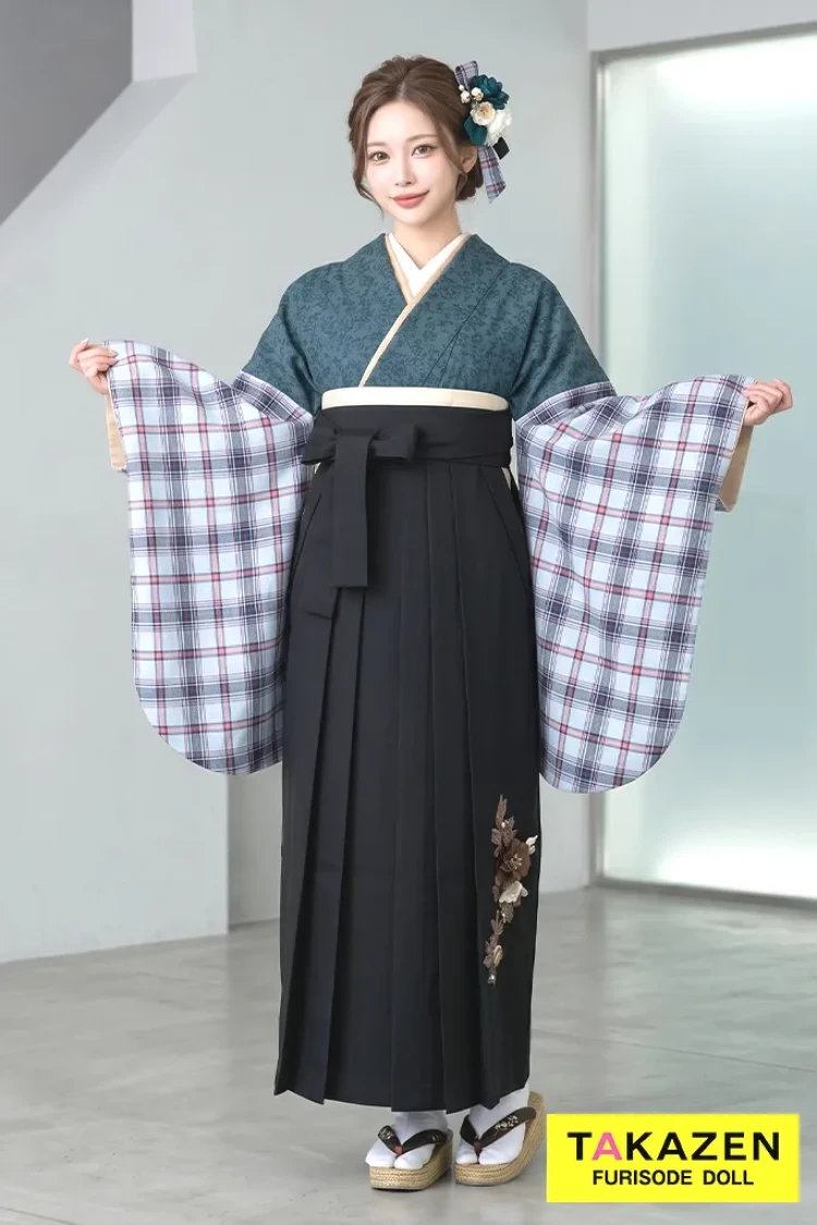 TAKAZENのレンタル袴 格安レトロ袴　ネイビー　チェック柄　シンプル　人と被らない　個性的【通販可】Y49