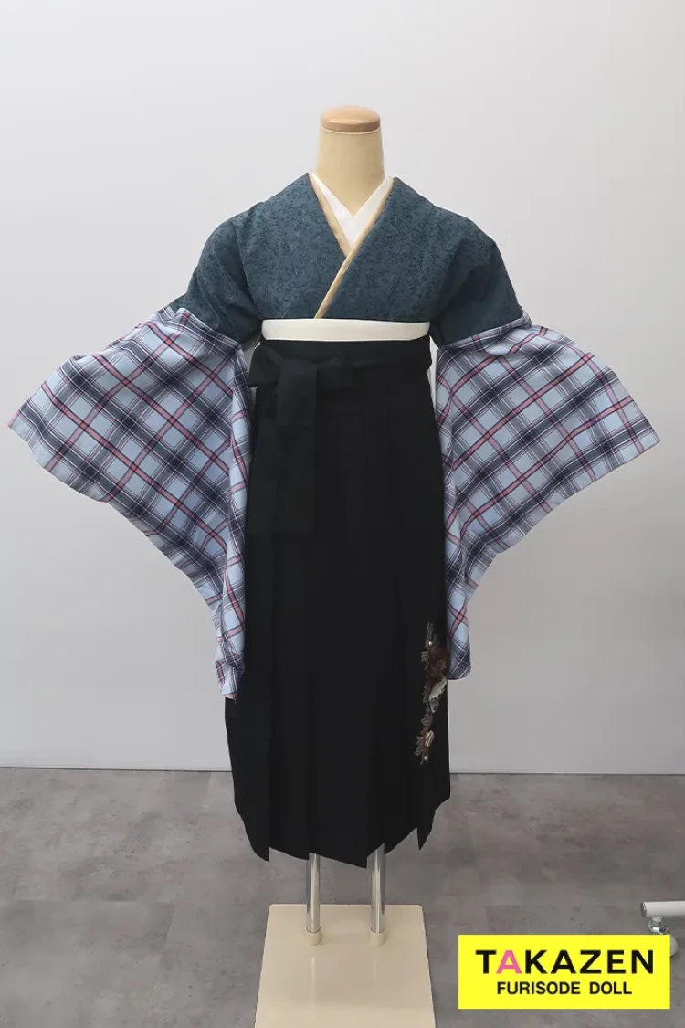 TAKAZENのレンタル袴 格安レトロ袴 ネイビー チェック柄 シンプル 人と被らない 個性的【通販可】Y49