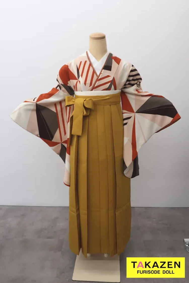 TAKAZENのレンタル袴 激安レトロ袴 オレンジ/ブラウン 幾何学模様 個性的 人と被らない【通販可】Y50