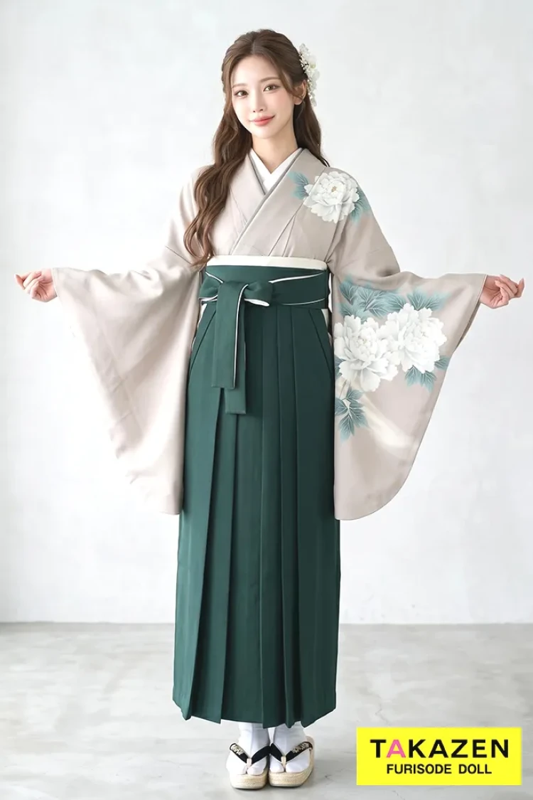 TAKAZENのレンタル袴 格安正統派古典袴　くすみベージュ/淡い色　シンプル　大人っぽい　教員袴【通販可】Y52