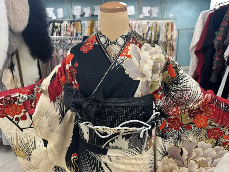 黒×白×赤の古典柄振袖コーディネート。牡丹や梅、鶴が描かれた豪華な振袖に、黒の帯と白の帯締めを合わせた上品で華やかなスタイル