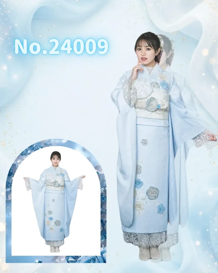 TAKAZEN東京表参道店Flagshipでヘップバーンシリーズの水色お振袖のご紹介。ミニョンの立体花振袖