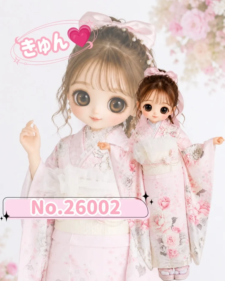 ブライスドール風のピンクコスメカラー振袖。淡いピンクとホワイトを組み合わせたフェミニンでかわいい成人式コーデ。