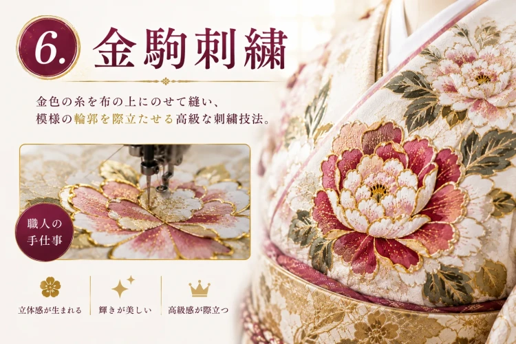 青柳の振袖の金駒刺繍