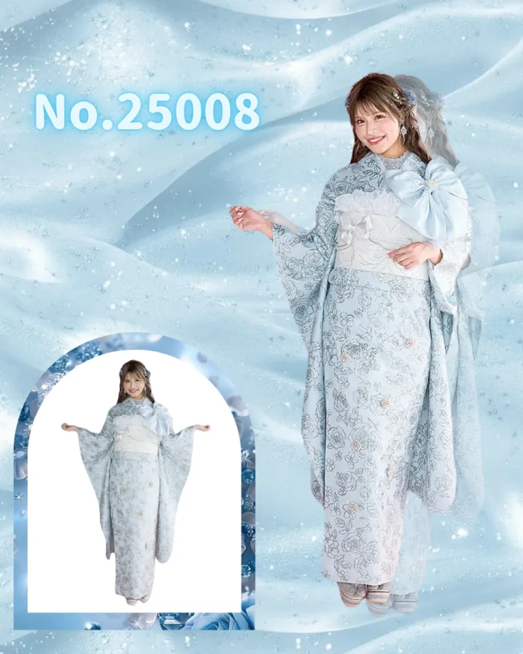 TAKAZEN東京表参道店Flagshipでヘップバーンシリーズの水色お振袖のご紹介。キラキラシュシュ
