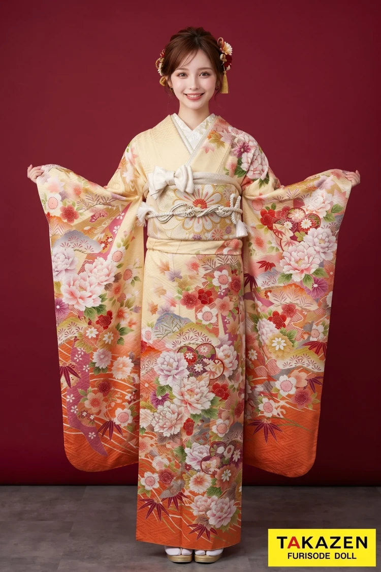 TAKAZENのレンタル振袖 安い!正統派古典 クリーム/オレンジ 牡丹柄 かわいらしい 清楚 華やか【通販可】M36