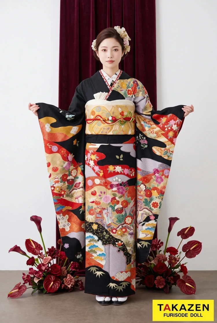 ポリエステル 振袖 四季の花々 鹿の子 紋意匠 ぼかし八掛 躾糸付き FU063 格安正統派古典 黒 吉祥紋様 おしとやか 大人っぽい 【通販可】M35