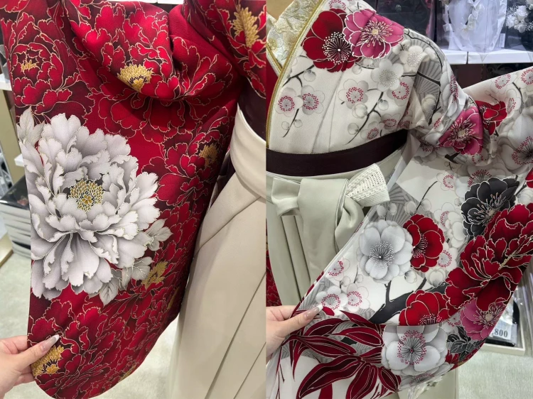 TAKAZEN姫路店の片身替りの紅白で華やかな新作袴。