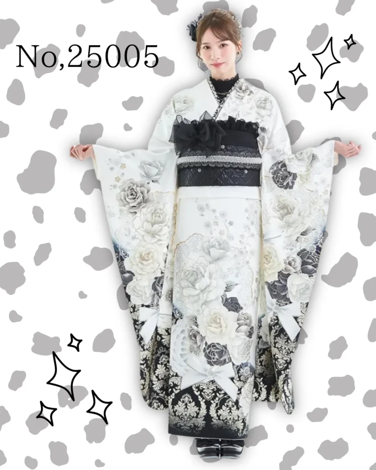 TAKAZENオリジナルヘップバーンシリーズの黒白でモノトーンで着こなせるお振袖のコーデ