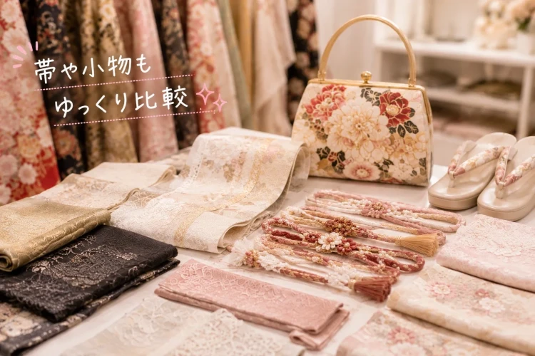 帯や帯締め、草履とバッグなどの小物までじっくり比較できるのも早めの振袖選びの魅力。自分だけのこだわりコーディネートが完成します
