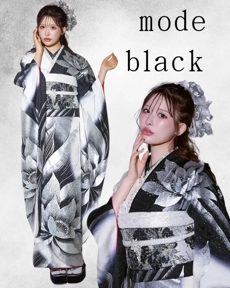 TAKAZEＮオリジナルモードで黒とシルバーのキラキラのお振袖