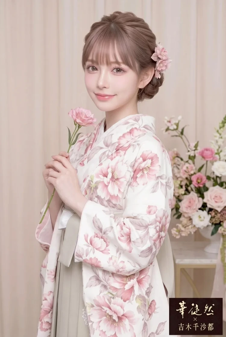淡色花柄がかわいいくすみカラー袴の卒業式コーディネート