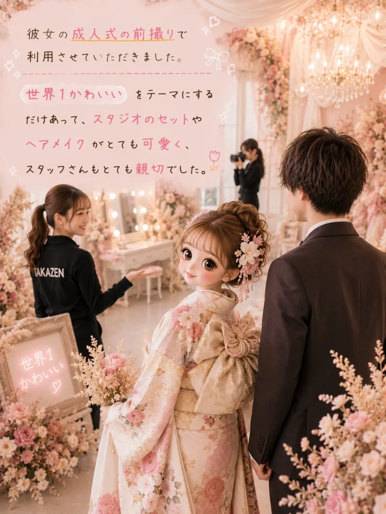 成人式の前撮りで振袖姿のお客様と男性、スタッフが撮影する様子。花やシャンデリアで彩られた華やかなTAKAZENのスタジオ