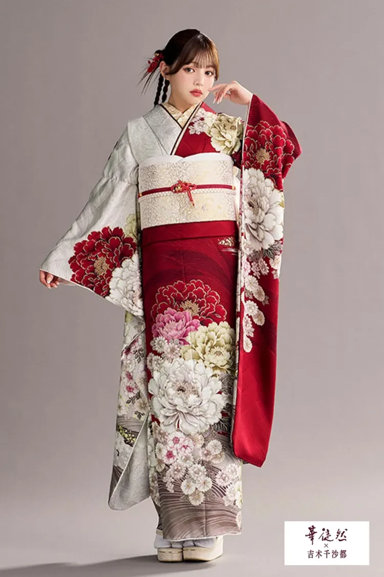 TAKAZENのレンタル振袖 華徒然×吉木千沙都ブランド振袖 赤/白 牡丹柄 上品 王道古典 華やか【通販可】K1353