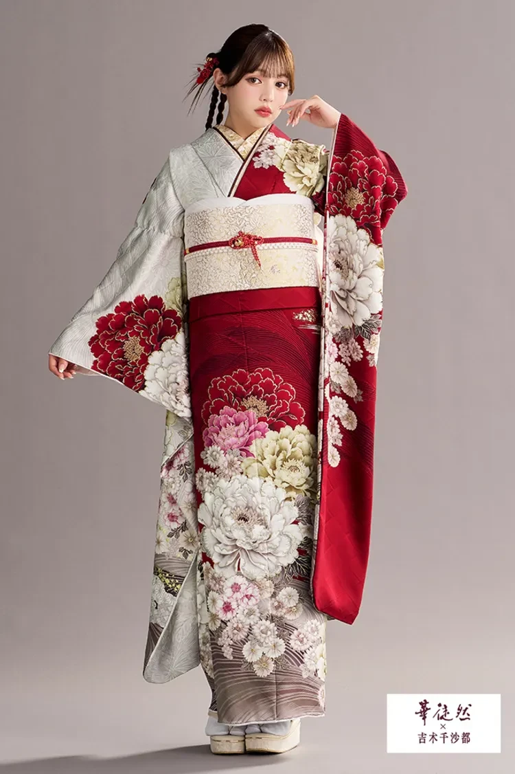 TAKAZENのレンタル振袖 華徒然×吉木千沙都ブランド振袖　赤/白　牡丹柄　上品　王道古典　華やか【通販可】K1353