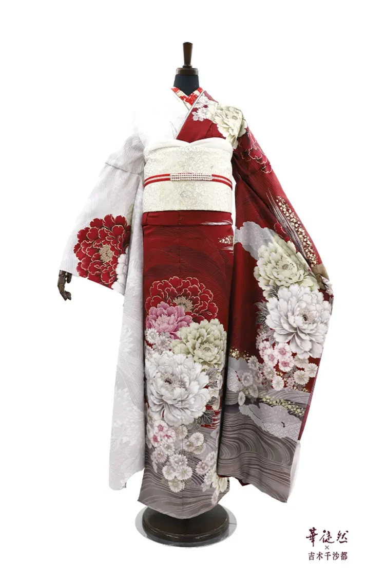 TAKAZENのレンタル振袖 華徒然×吉木千沙都ブランド振袖 赤/白 牡丹柄 上品 王道古典 華やか【通販可】K1353